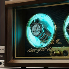 Wood Grain Lithium Watch Winders, 2 Slots, LED Light