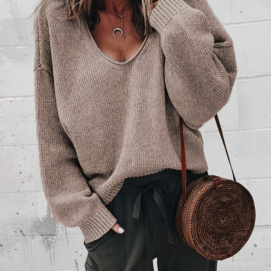  Solid V Neck Long Sleeve Sweater