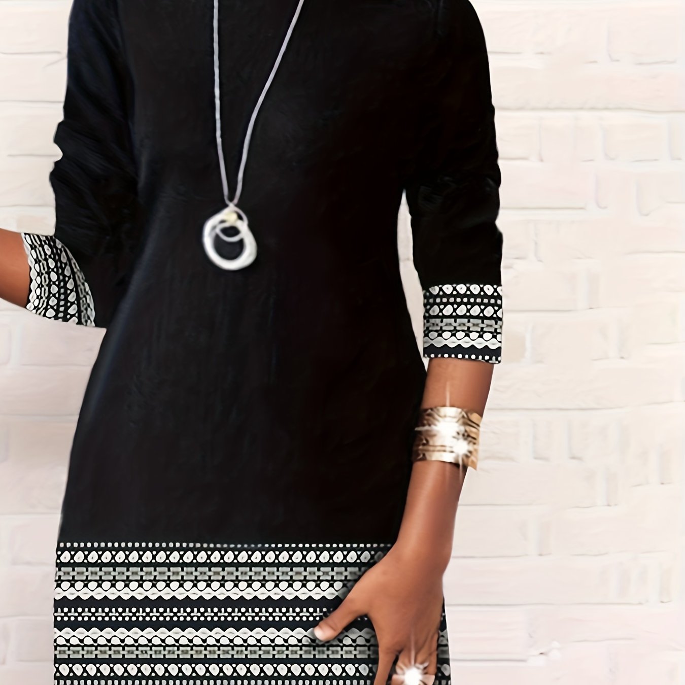  Colorblock Geo Print Long Sleeve Round Neck Dress