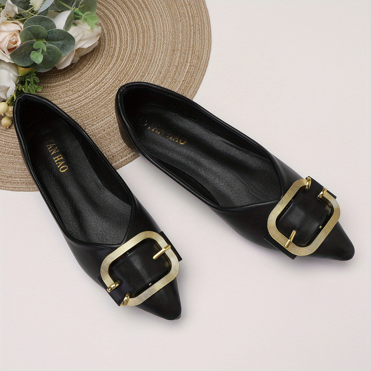 Buckle Decor Ballet Flats Pointed Toe Slip On Work Shoes