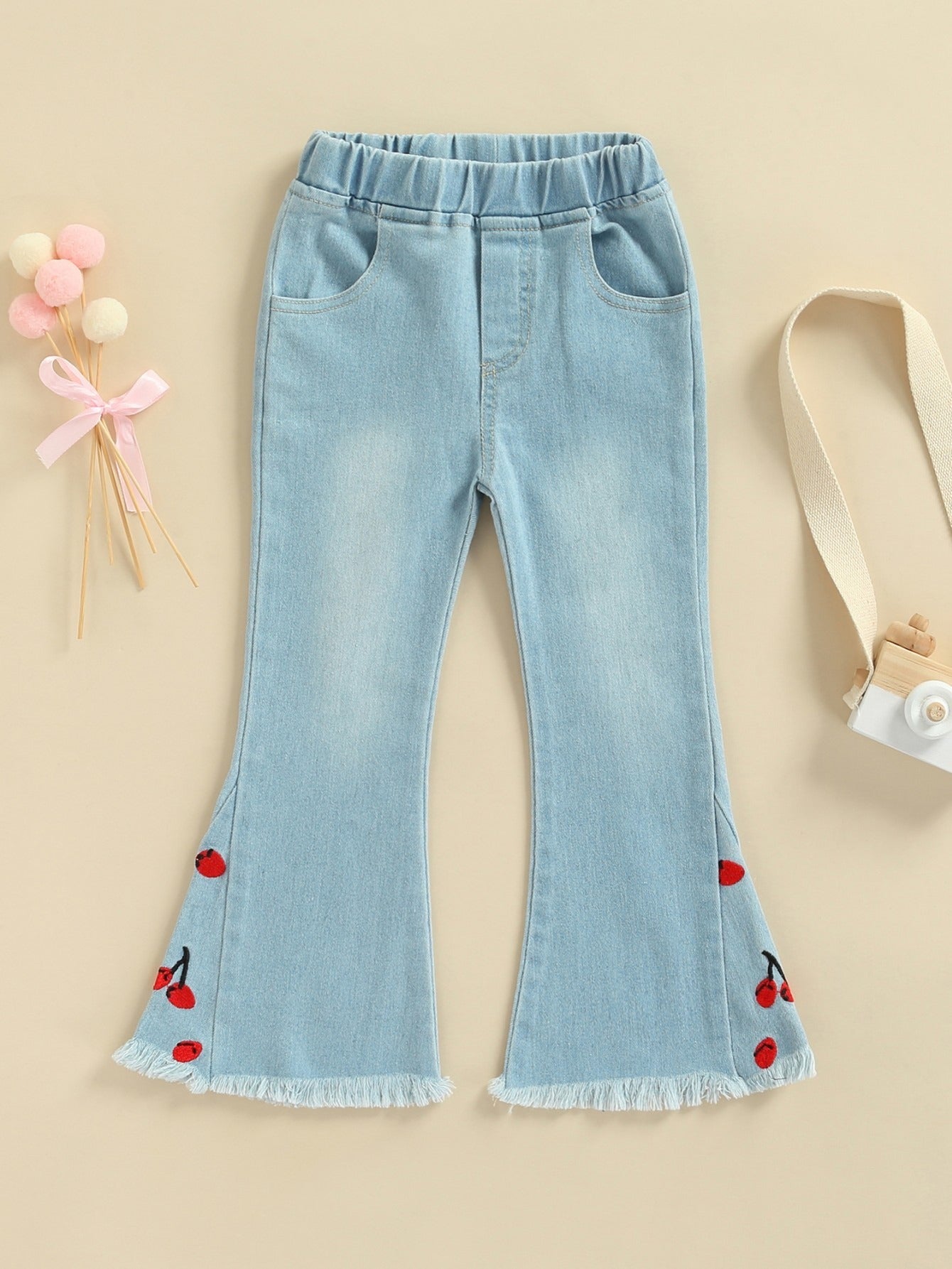 Girls Cherry Embroidered Denim Flare Jeans