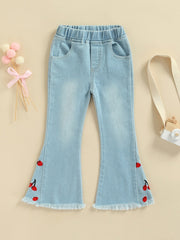 Girls Cherry Embroidered Denim Flare Jeans