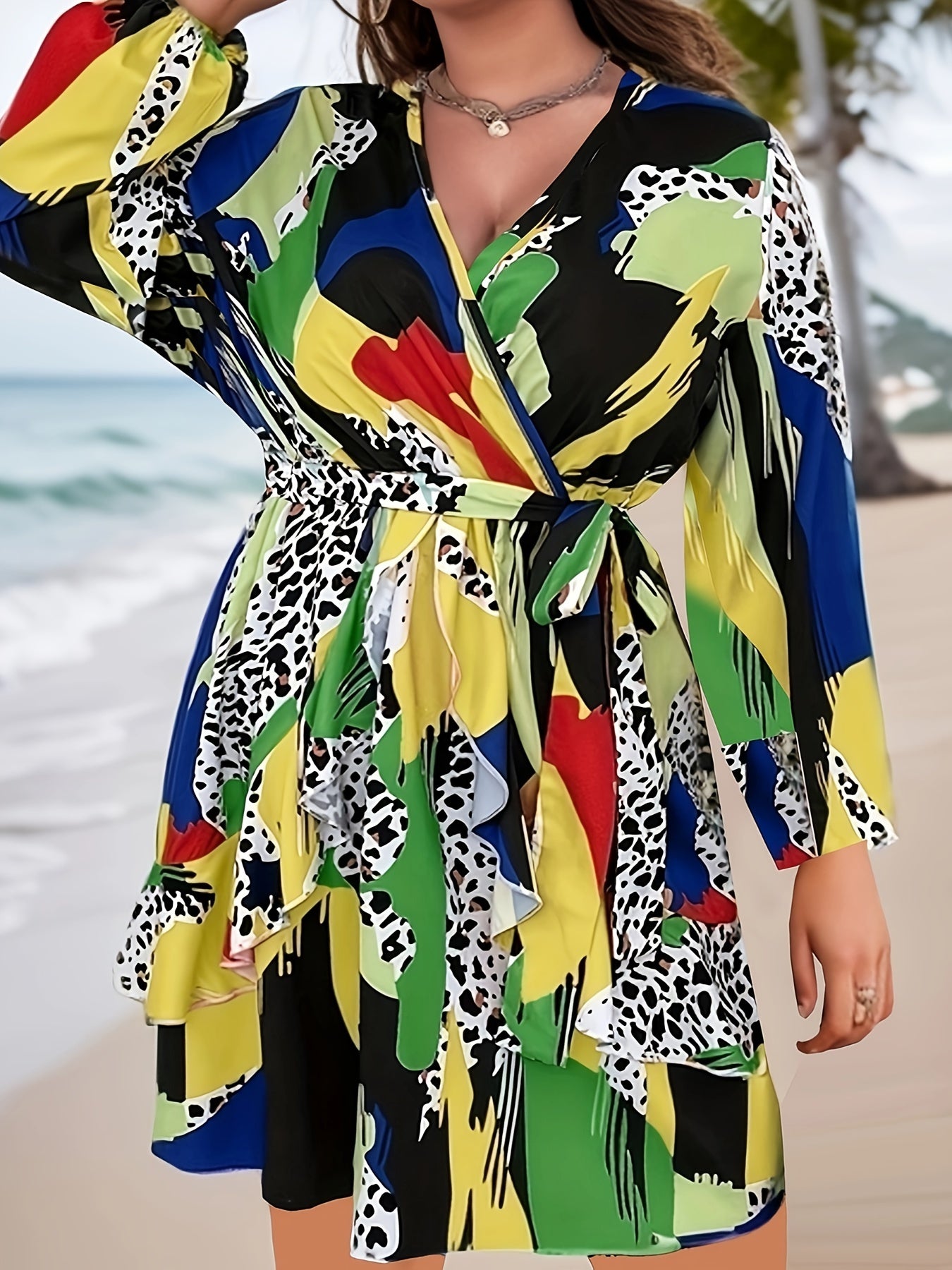  Colorblock Leopard Print Ruffle Long Sleeve Dress