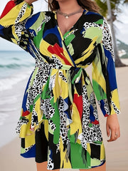  Colorblock Leopard Print Ruffle Long Sleeve Dress