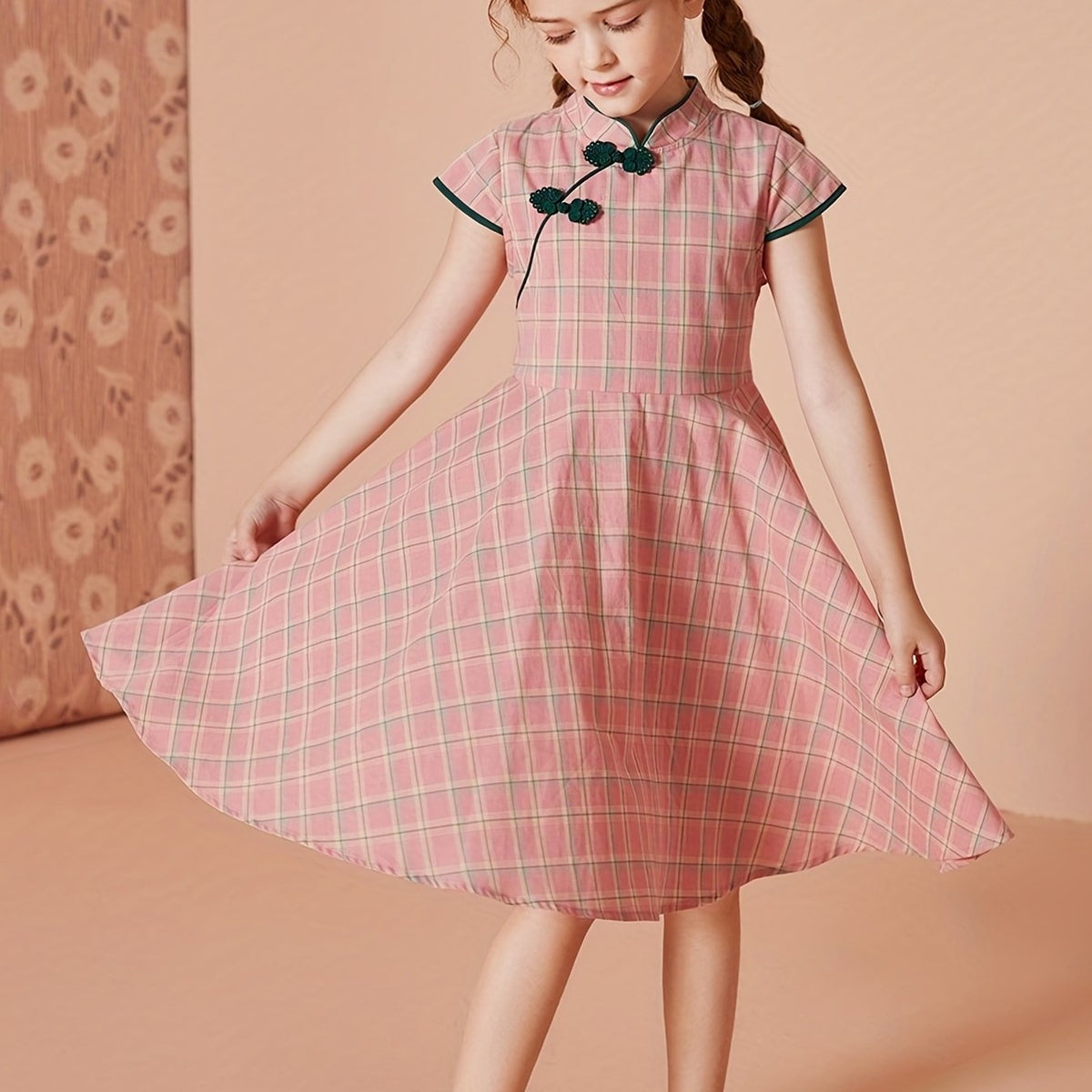 FOREST KIDS Vintage Plaid Cheongsam For Girls