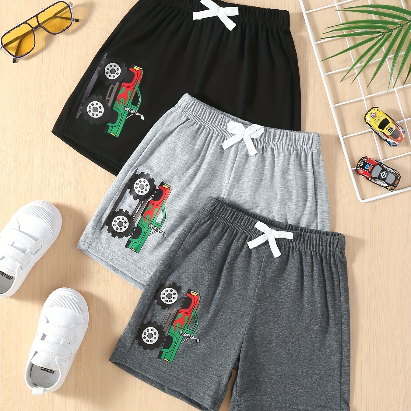 3pcs Monster Truck Print Boys Shorts Quick-drying for Summer