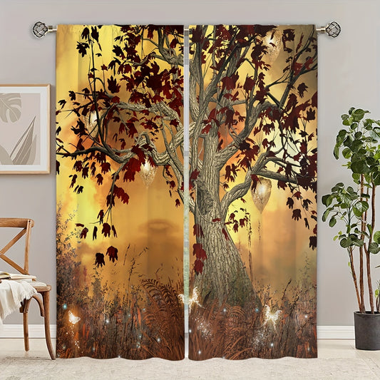 Golden Tree Scenery Rod Pocket Window Curtain for Home Decor