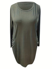  Casual Dress Women's Plus Solid Round Neck Long Sleeve Midi Dress