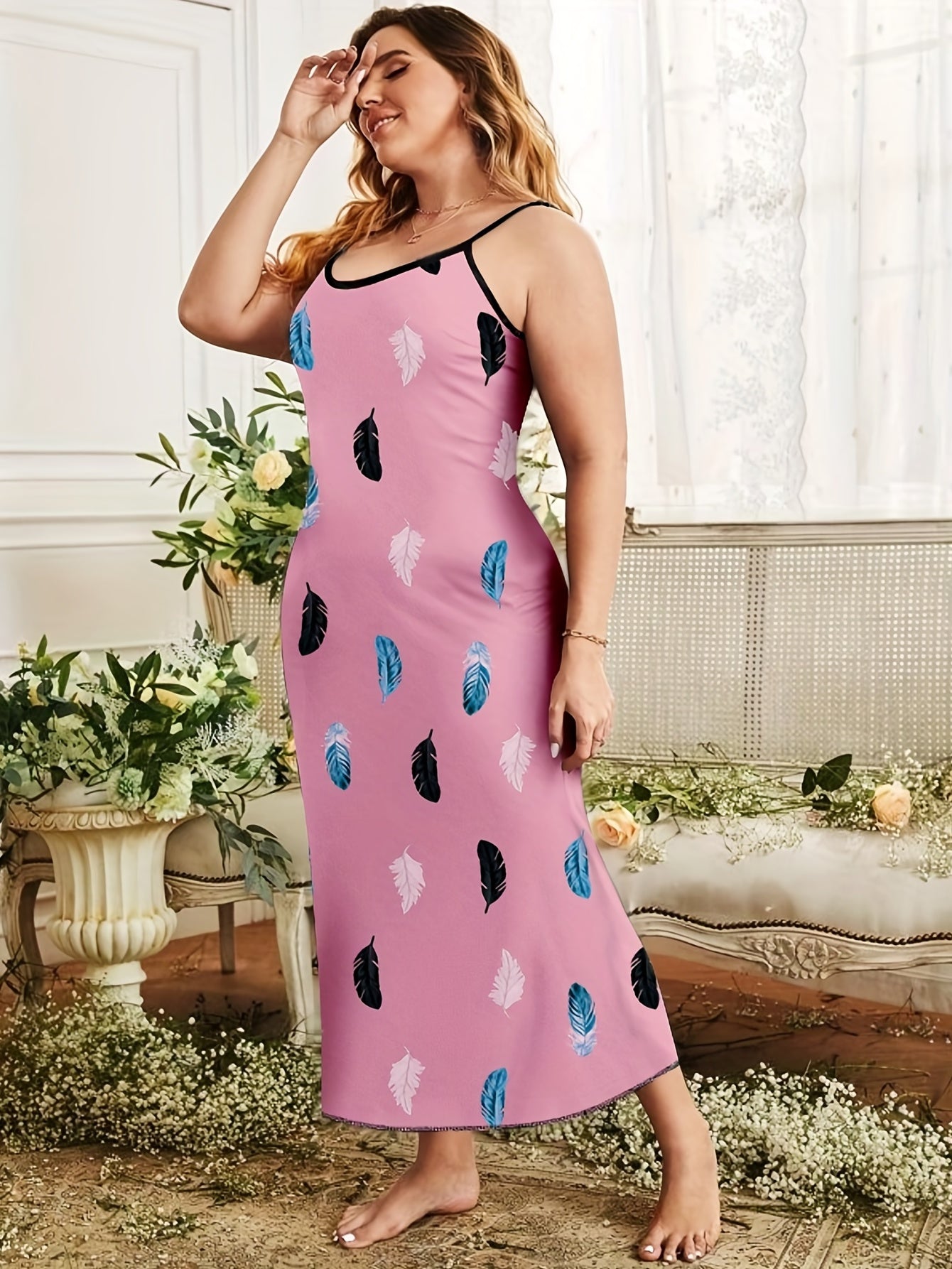 Women's Plus Feather Print Nightdress Round Neck Cami Sleep Dress