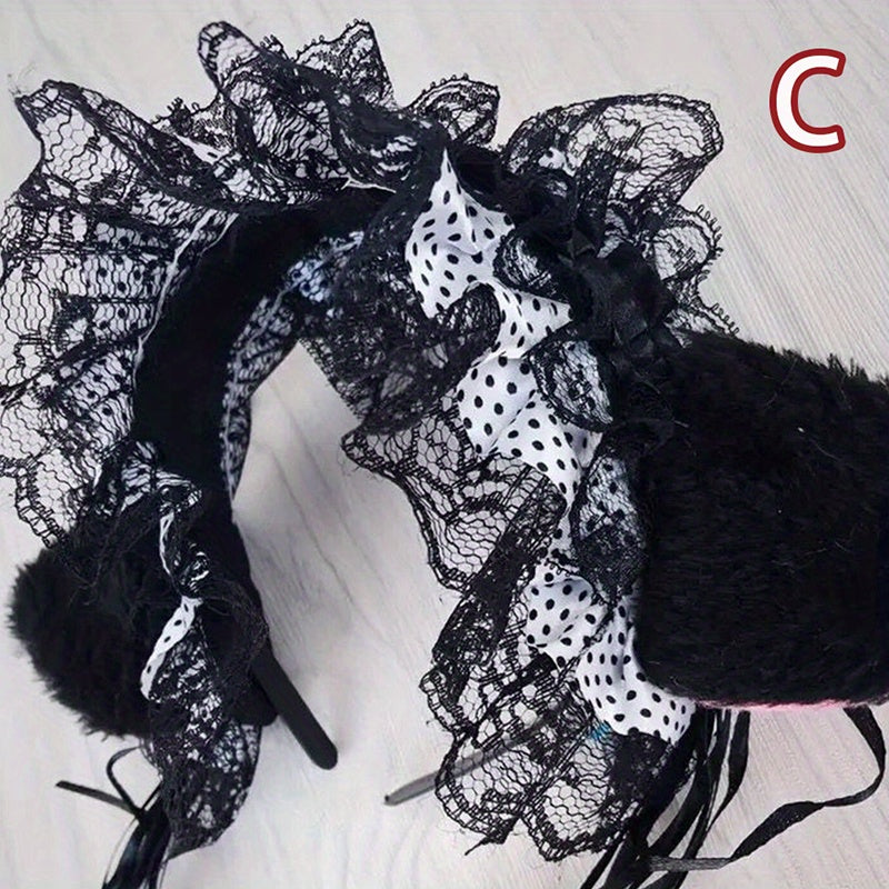 Cat Ears Headband Lace Hoop Tassel Lolita Hair Band for Cosplay Costume