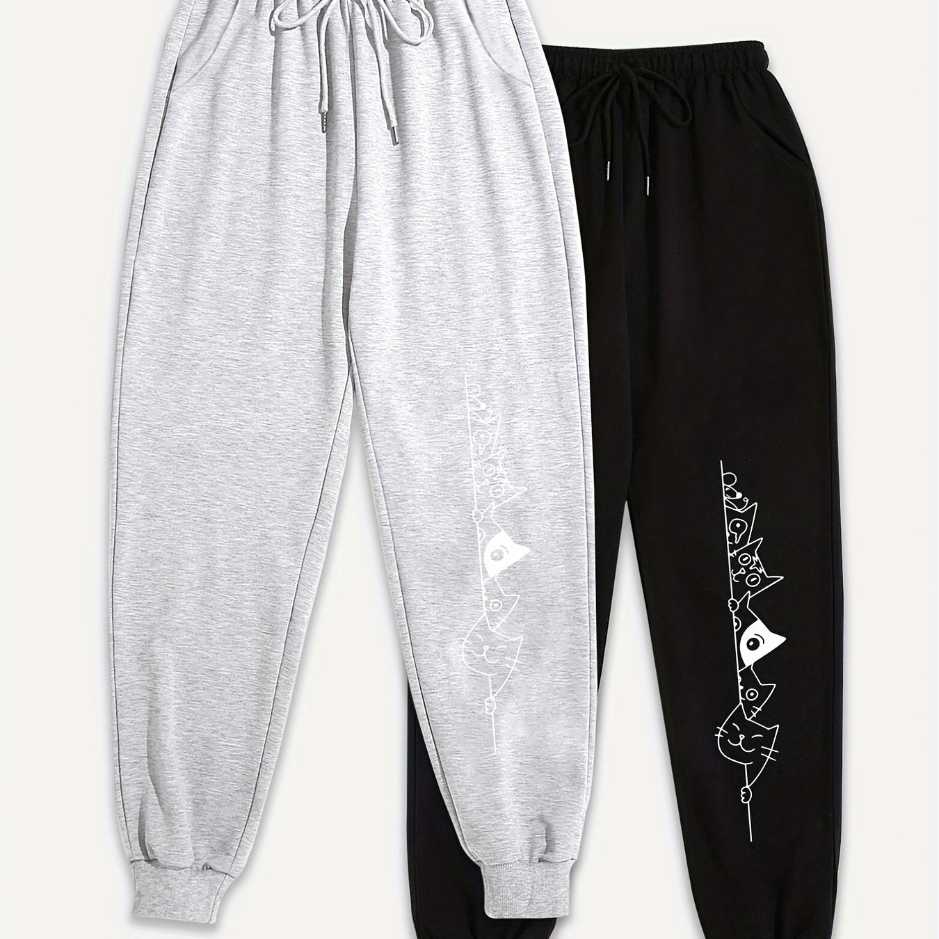 Women's Plus Cat Print Jogger Sweatpants Set with Pockets