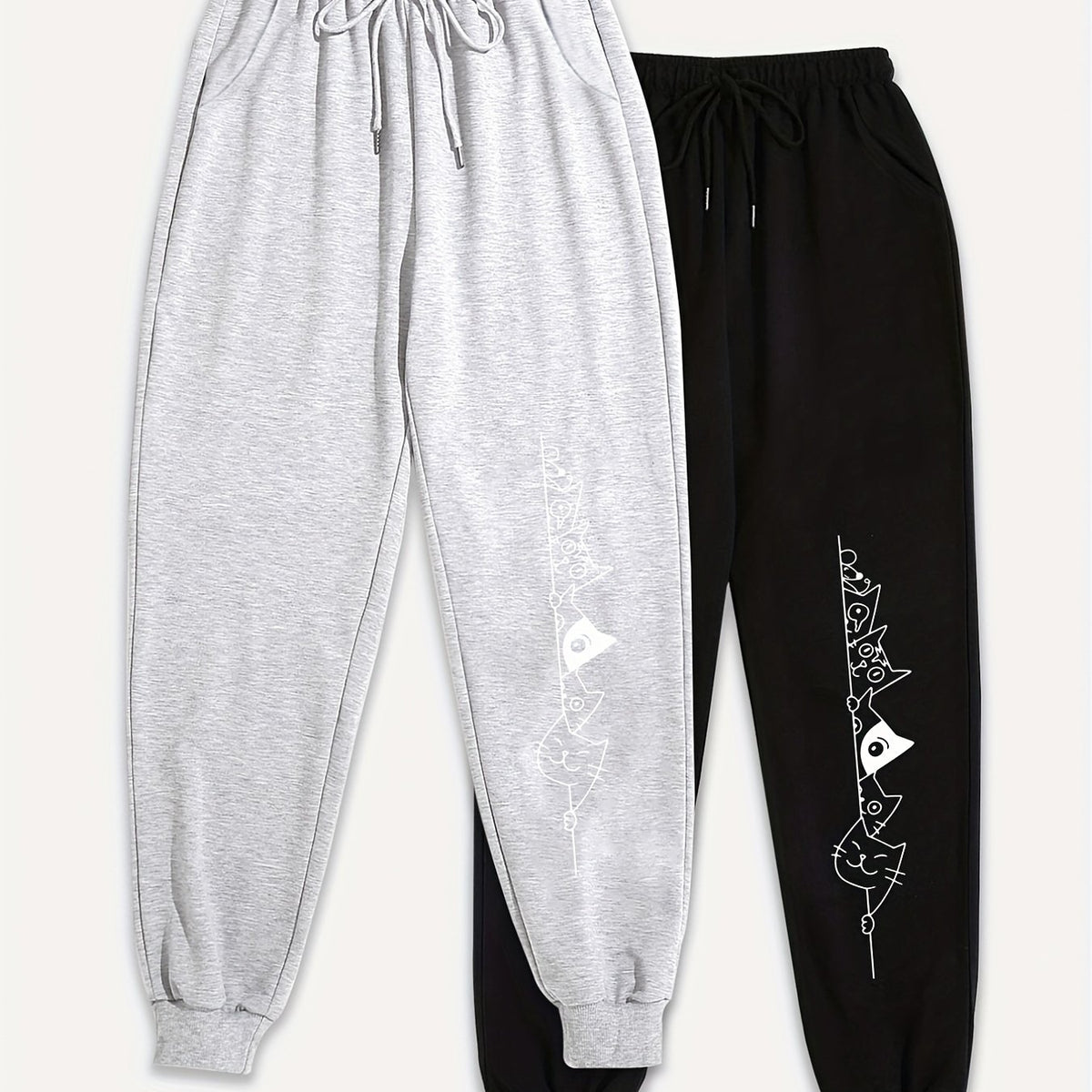 Women's Plus Cat Print Jogger Sweatpants Set with Pockets