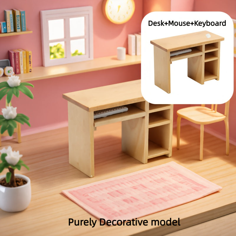 Mini Wooden Computer Desk Set Model Desk with Mouse and Keyboard 1:12 Scale