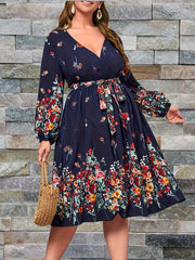  Floral Print Lantern Sleeve Belted Dress