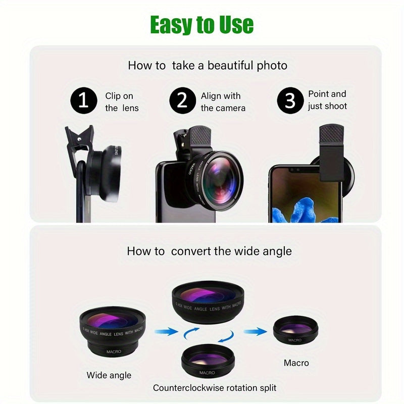 2 in 1 HD Smartphone Camera & Lens Wide Angle Telephoto 1x Magnification