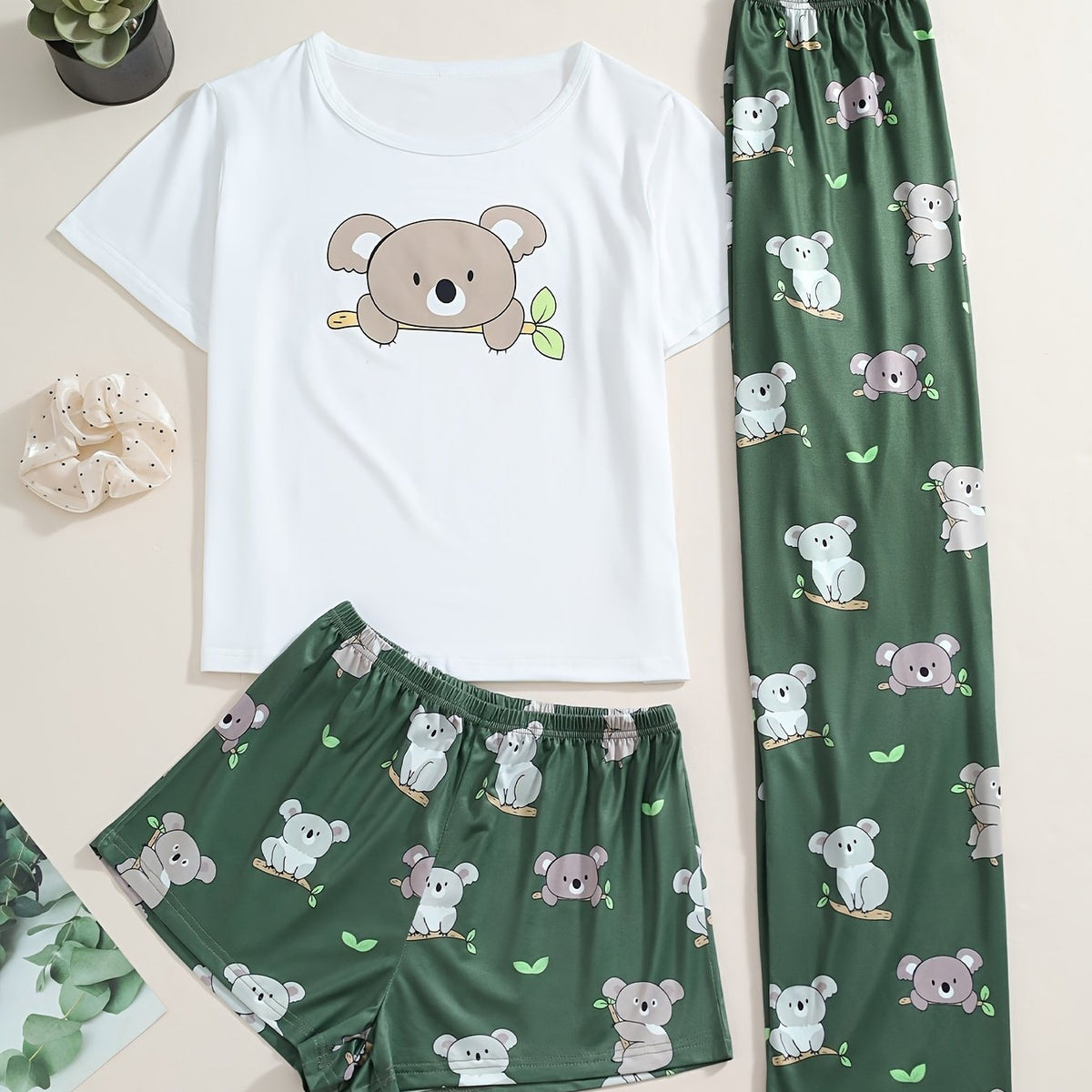 Koala Print Pajamas Set Short Sleeve Top & Shorts & Pants