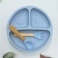 Baby Suction Plate With Self Feeding Spoon Fork BPA Infant Utensil Set