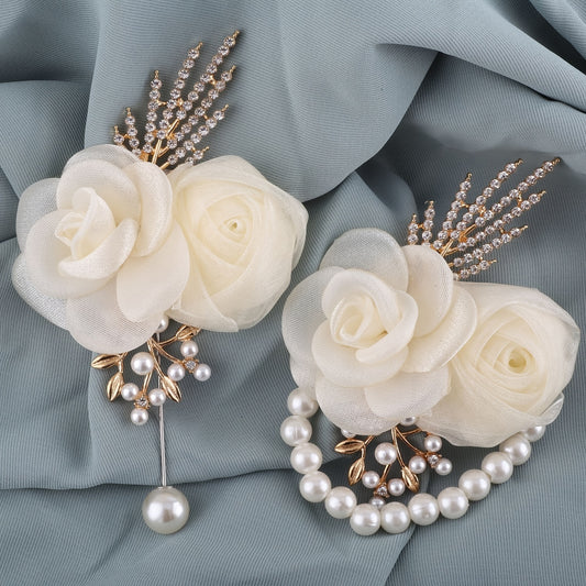 Mesh Flower Pearl Hair Clip Rhinestone Accessory