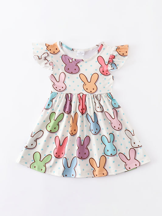 Baby Girls Short Sleeve Ruffles Round Neck Easter Bunny Print Dress