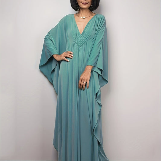 Boho Cover Up Plus Size Solid Batwing Sleeve V Neck Beach Dress