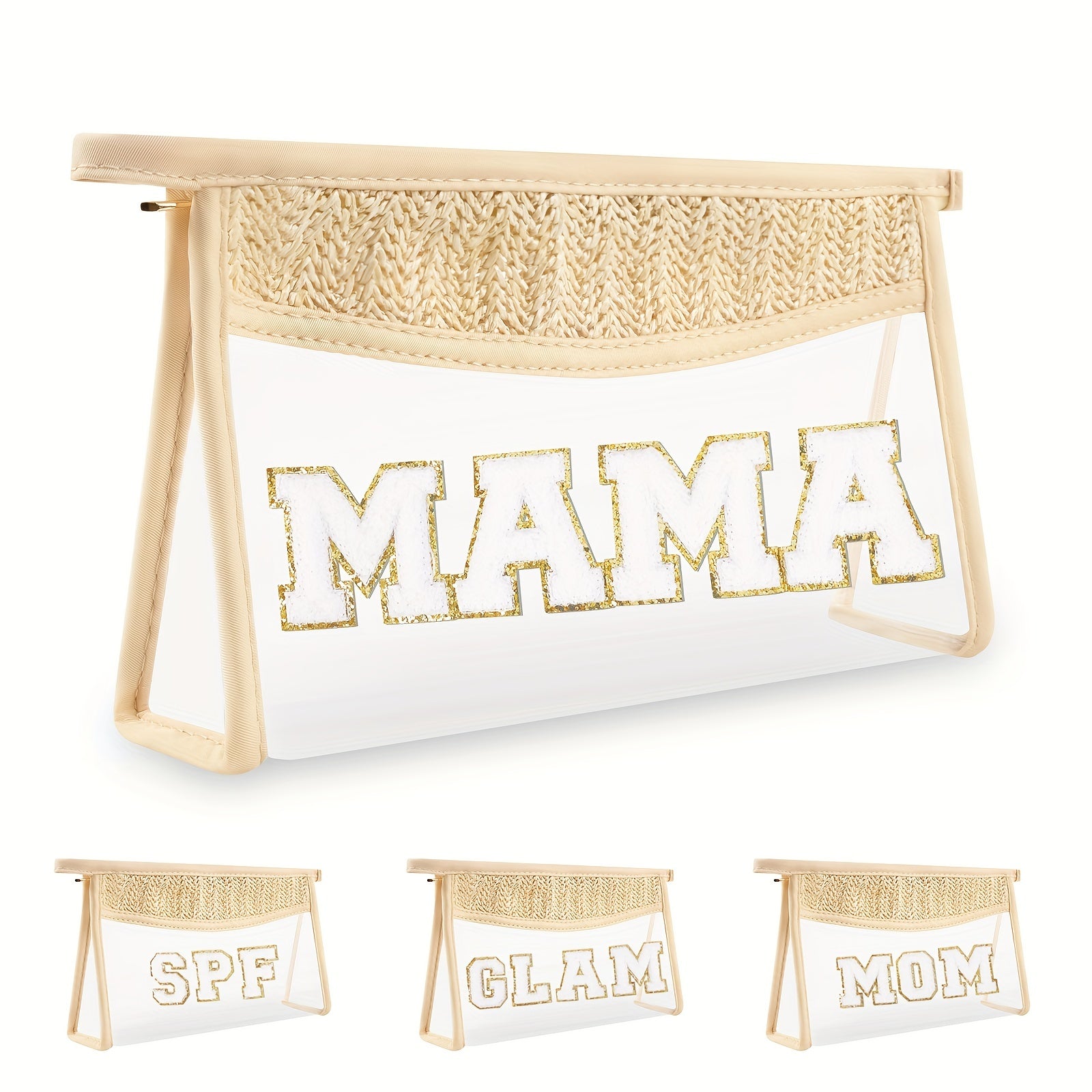 Boho Letter Patch Makeup Bag MAMA Pouch Clear Toiletry Bag