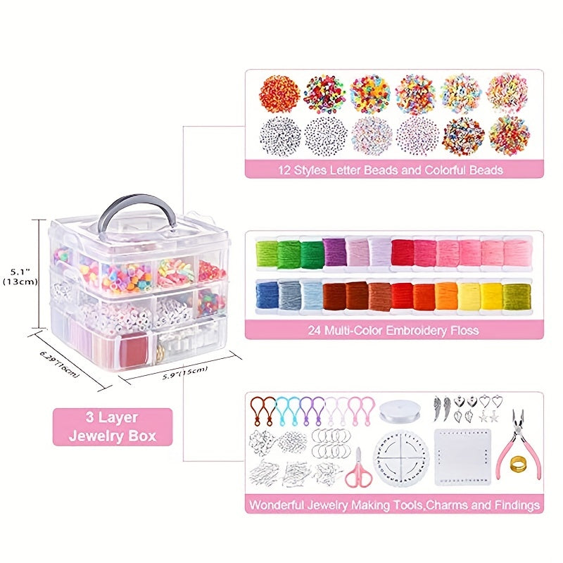 Friendship Bracelet Kit with String and Letter Beads, Three Layers