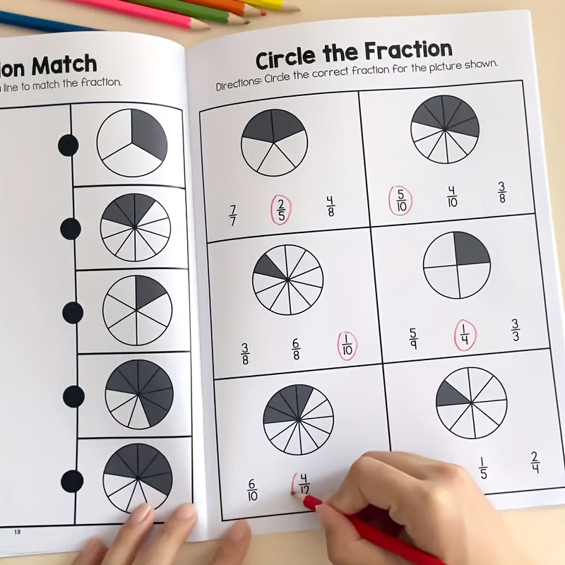 Fraction Learning Math Workbook Whiteboard Book Colorful Circle Graphs