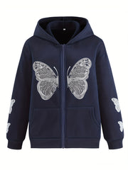 Butterfly Print Sweatshirt Y2K Zip Up Hoodie Casual Tops