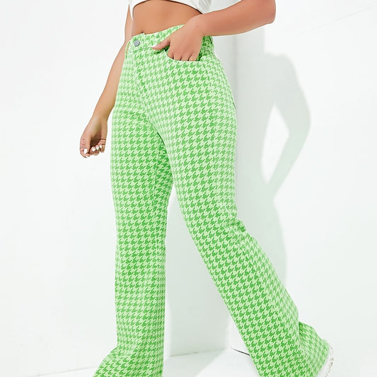 Green Houndstooth Bell Bottom Slim Fit High Waist Y2K Trousers Pants