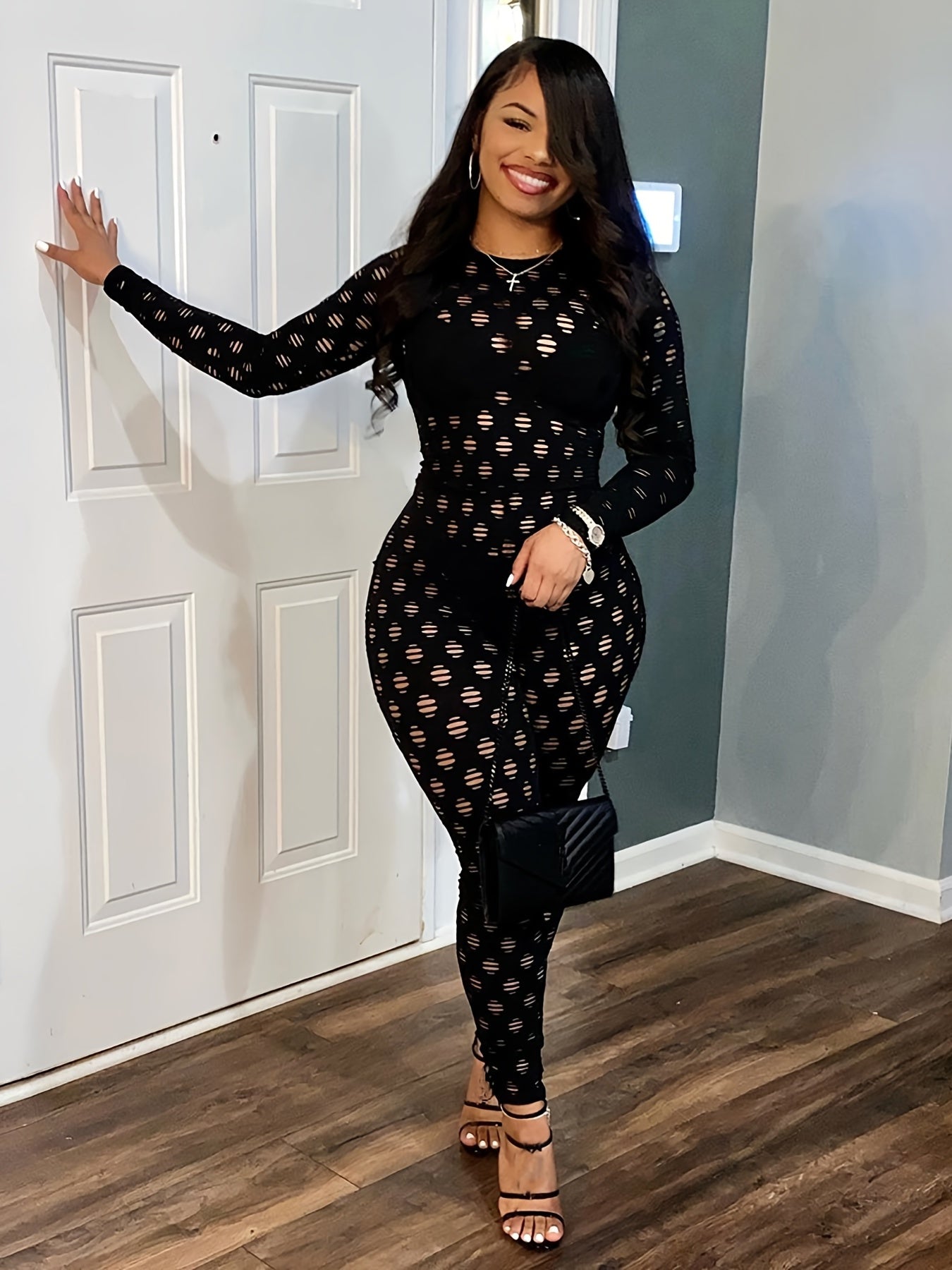 Hollow Zip Back Jumpsuit Sexy Bodycon Long Sleeve Jumpsuit