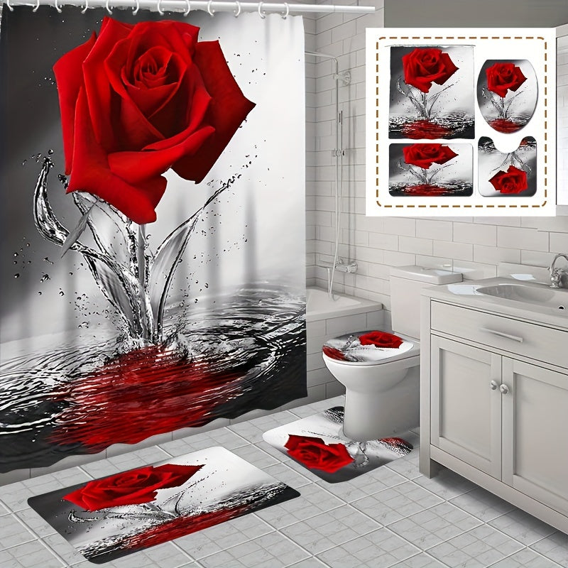 Red Rose Flower Shower Curtain Set with Non-Slip Rugs