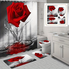 Red Rose Flower Shower Curtain Set with Non-Slip Rugs