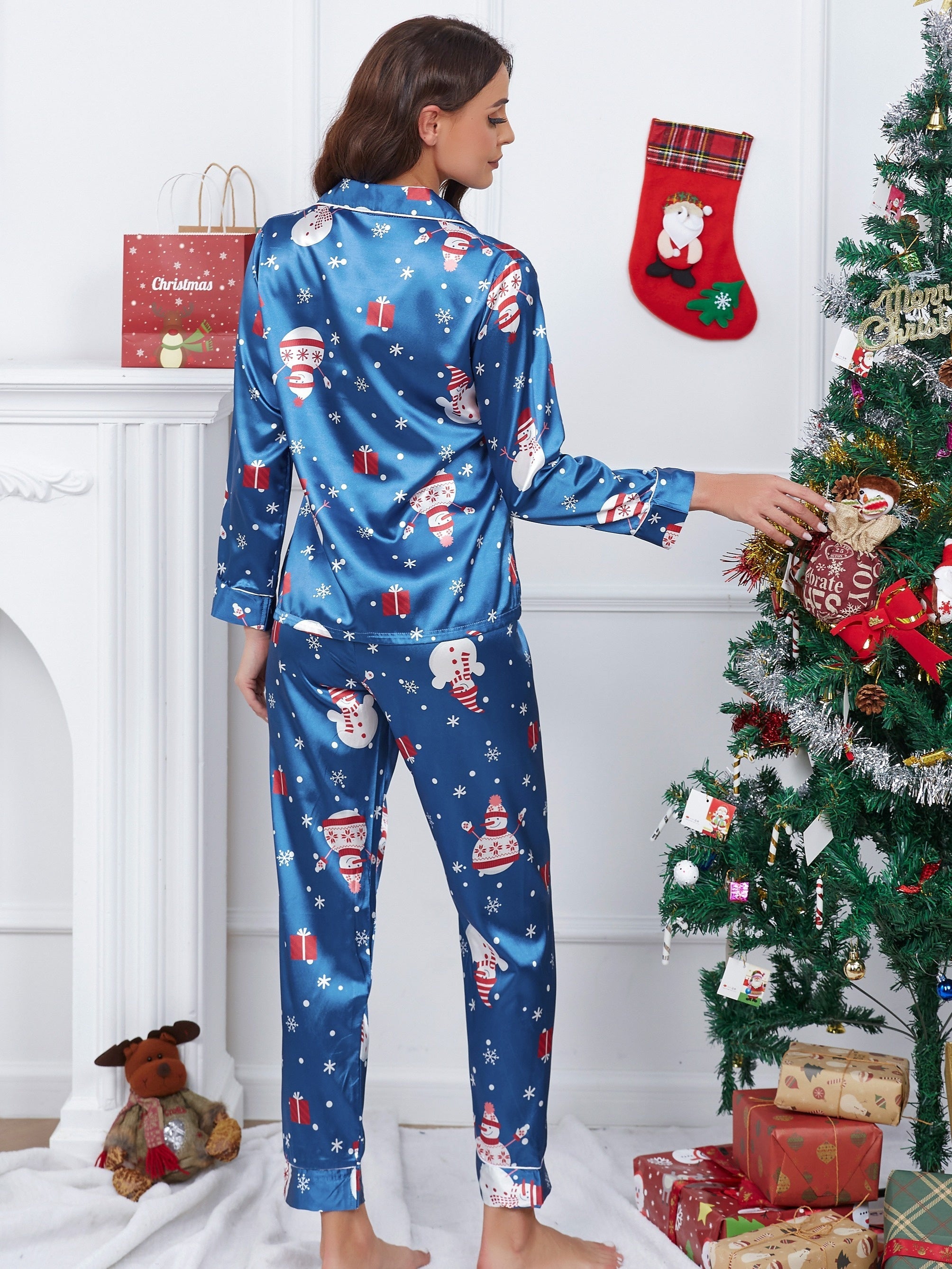 Christmas Snowman Print Pajama Set Long Sleeve Top & Pants