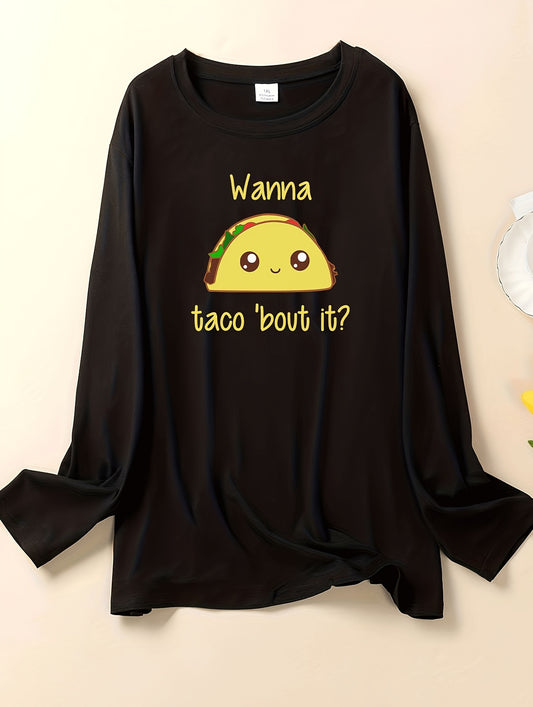  Lounge Top Women's Plus Cartoon Print Long Sleeve Round Neck Sleep Tee