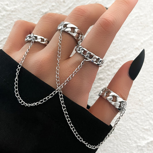 Silver 4 Finger Stacking Ring Double Rings Attached Tassel Chain Ring