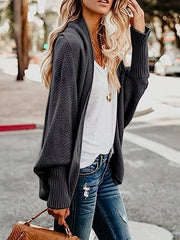  Solid Batwing Sleeve Shawl Collar Open Front Cardigan