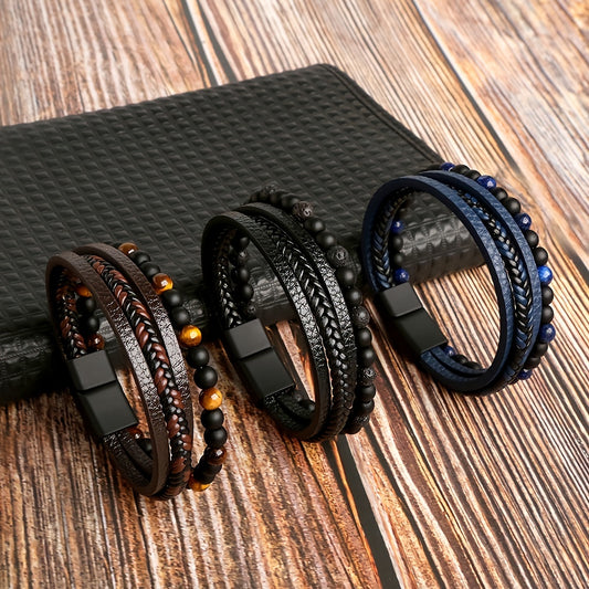 Layered Braided Leather Bracelet Tiger Eyestone Beaded Punk Accessory