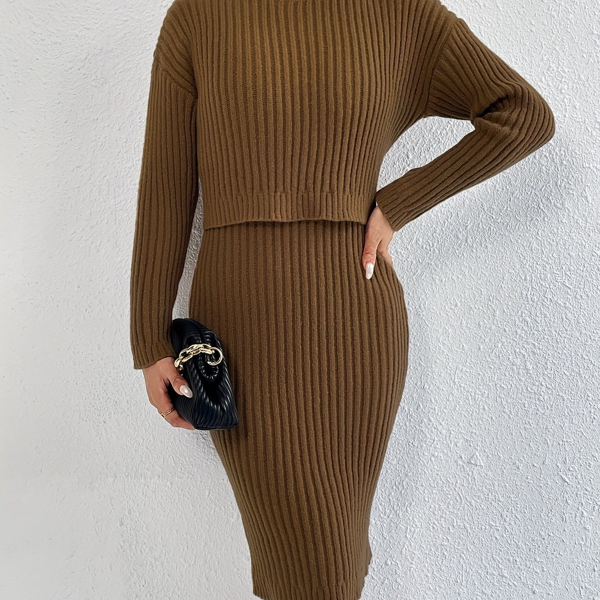 Casual Sweater Turtleneck Top & Bodycon Dress Set