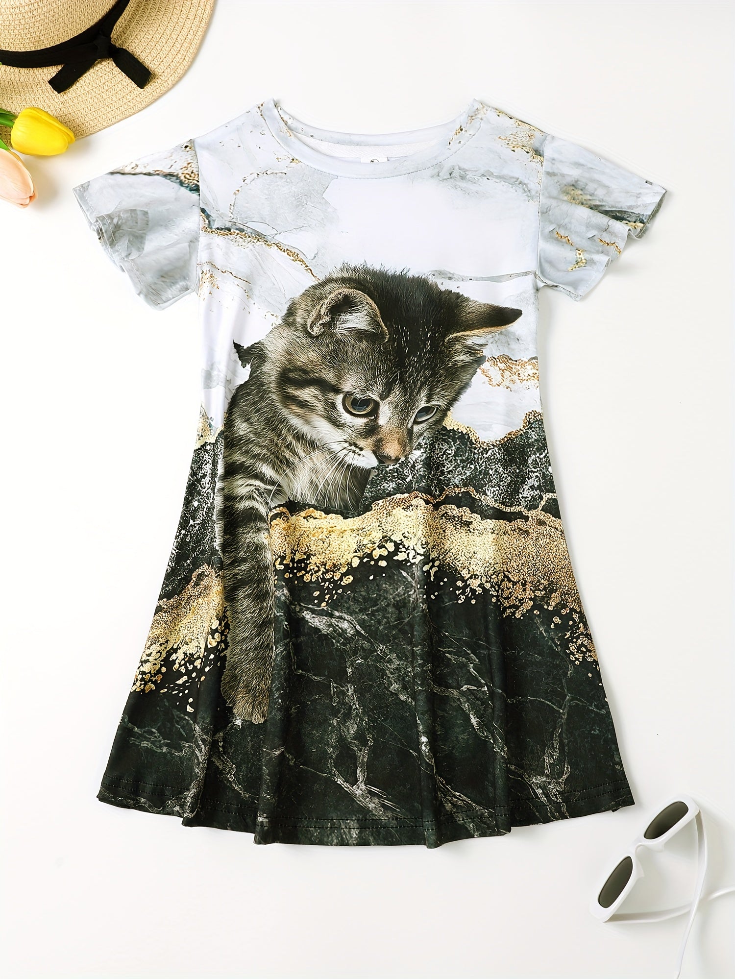 Kitty Graphic Ruffle Short Sleeve Dress Girls Clothes Party