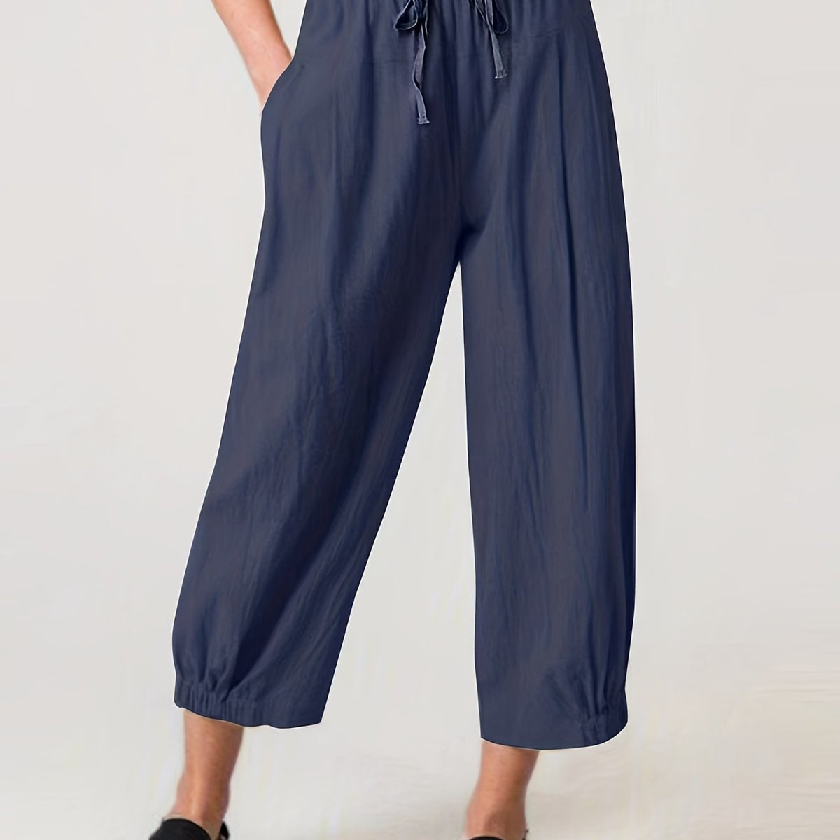 Drawstring Waist Cropped Pants Loose Fit Casual Elastic Trim