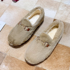 Women's Metal Decor Flat Loafers Plush Lined Shoes