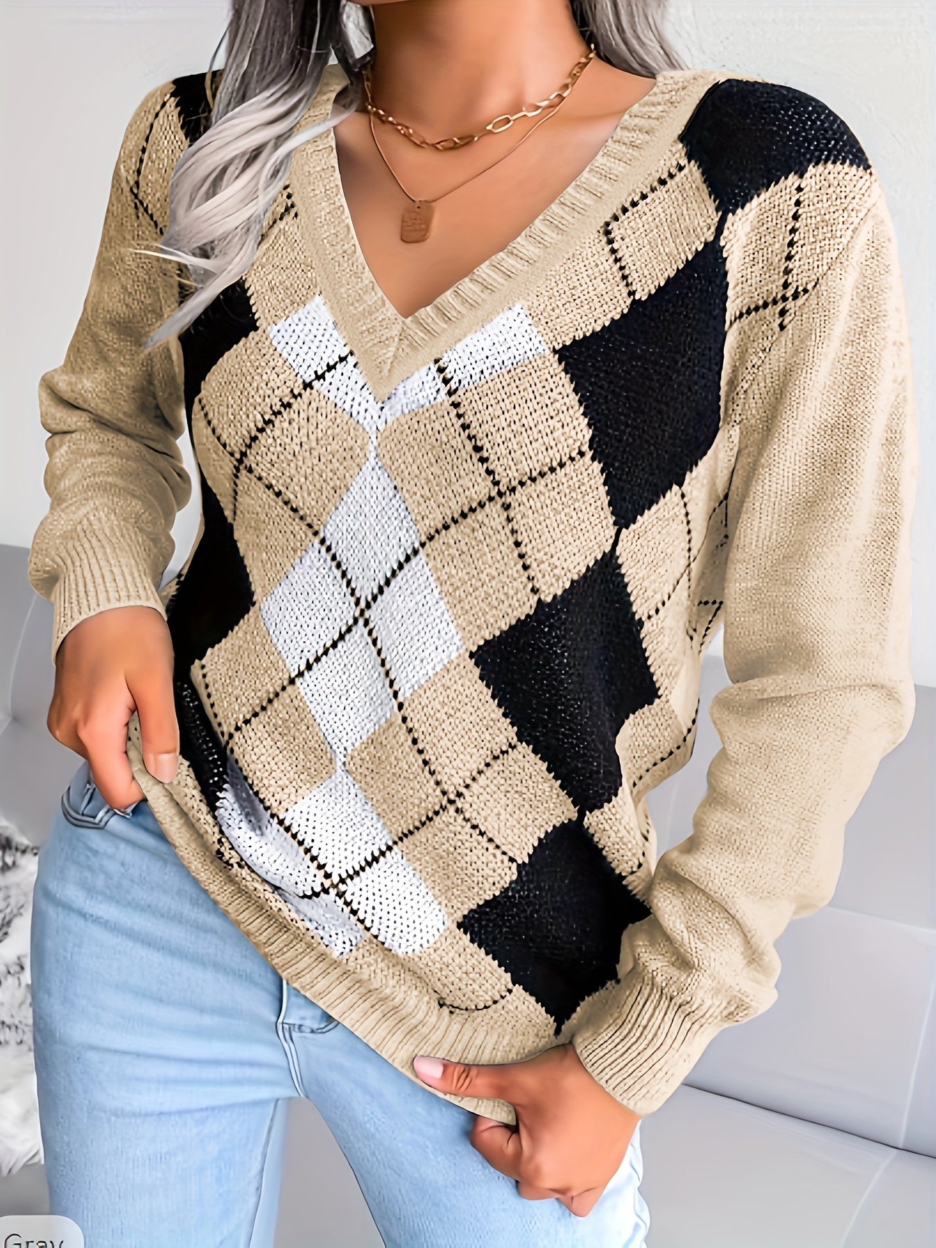  Colorblock Gingham Print V Neck Sweater