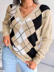  Colorblock Gingham Print V Neck Sweater