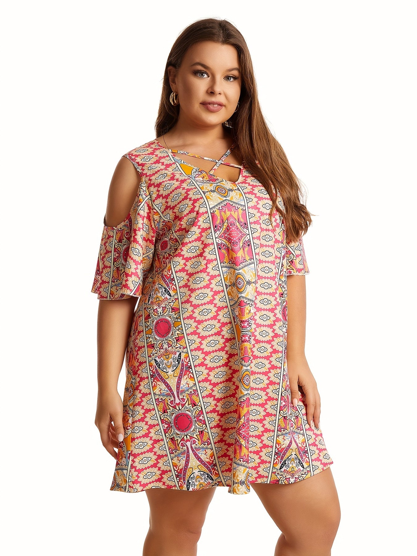  Paisley Print Cold Shoulder V Neck Dress