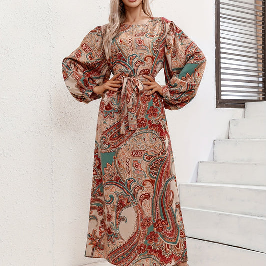 Boho Plus Paisley Print Lantern Sleeve Maxi Dress