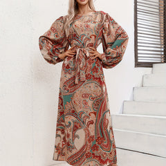 Boho Plus Paisley Print Lantern Sleeve Maxi Dress