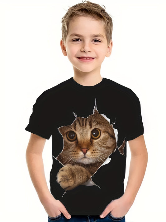 Boy's 3D Cat Graphic T shirt Casual Slightly Stretch Breathable Tee