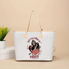 Pink Letter & Ghost Skull Print Tote Bag Lightweight Large Capacity Shoulder Bag