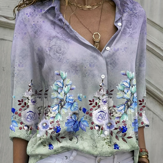  Blouse Women's Plus Floral Print Ombre Long Sleeve Shirt Top