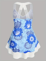 Floral Print V Neck Layered Split Strap Tank Top
